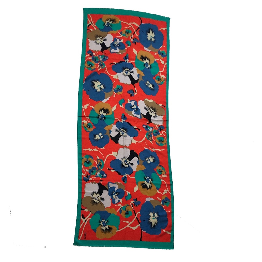 NWT Kenzo Paris Silk Scarf Shawl Floral Orchid Print Fringe Hem Chic Colorful